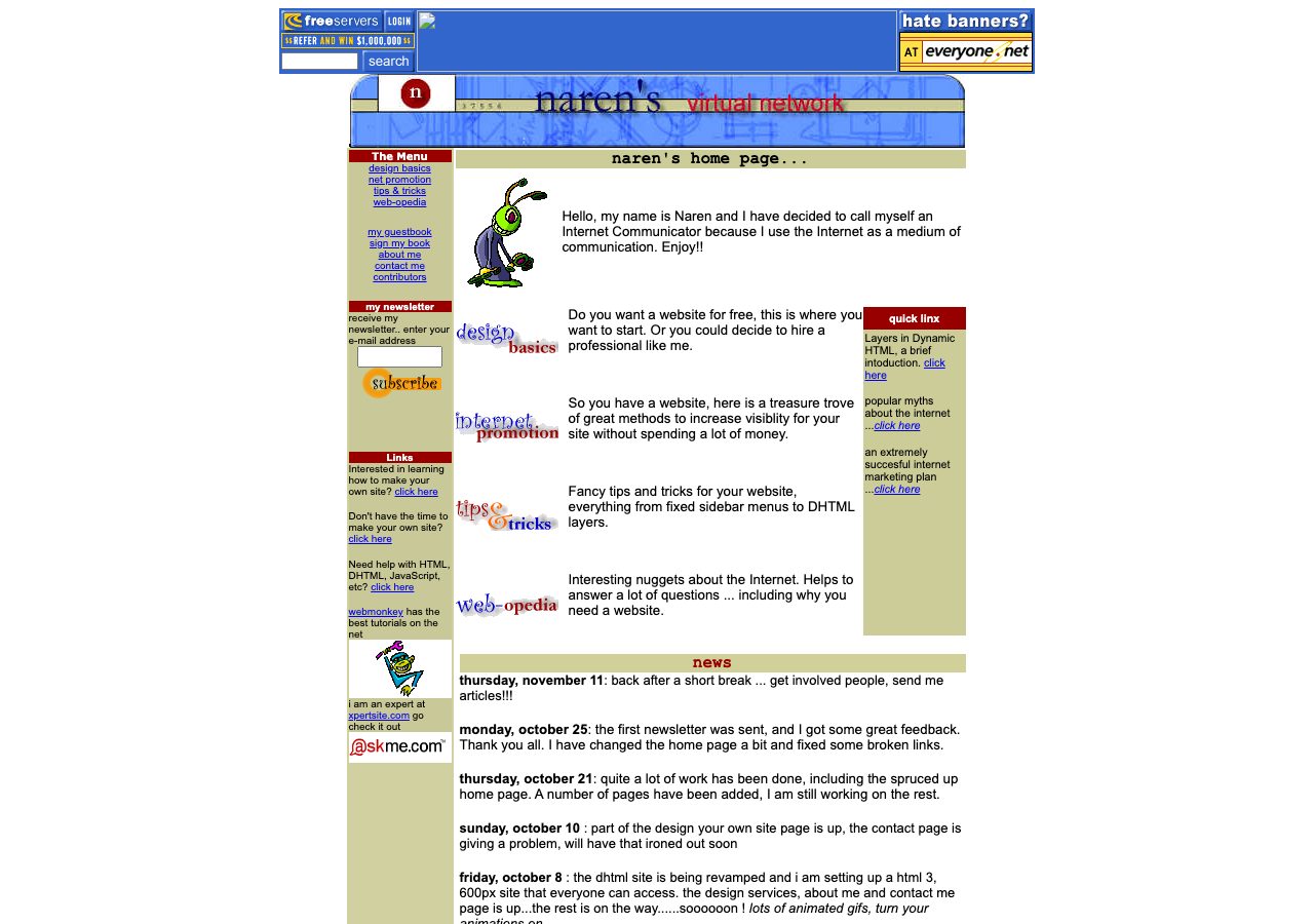 naren.8m.com: a narrow page wrapped in free-hosting banner ads, with a navigation column and animated clipart