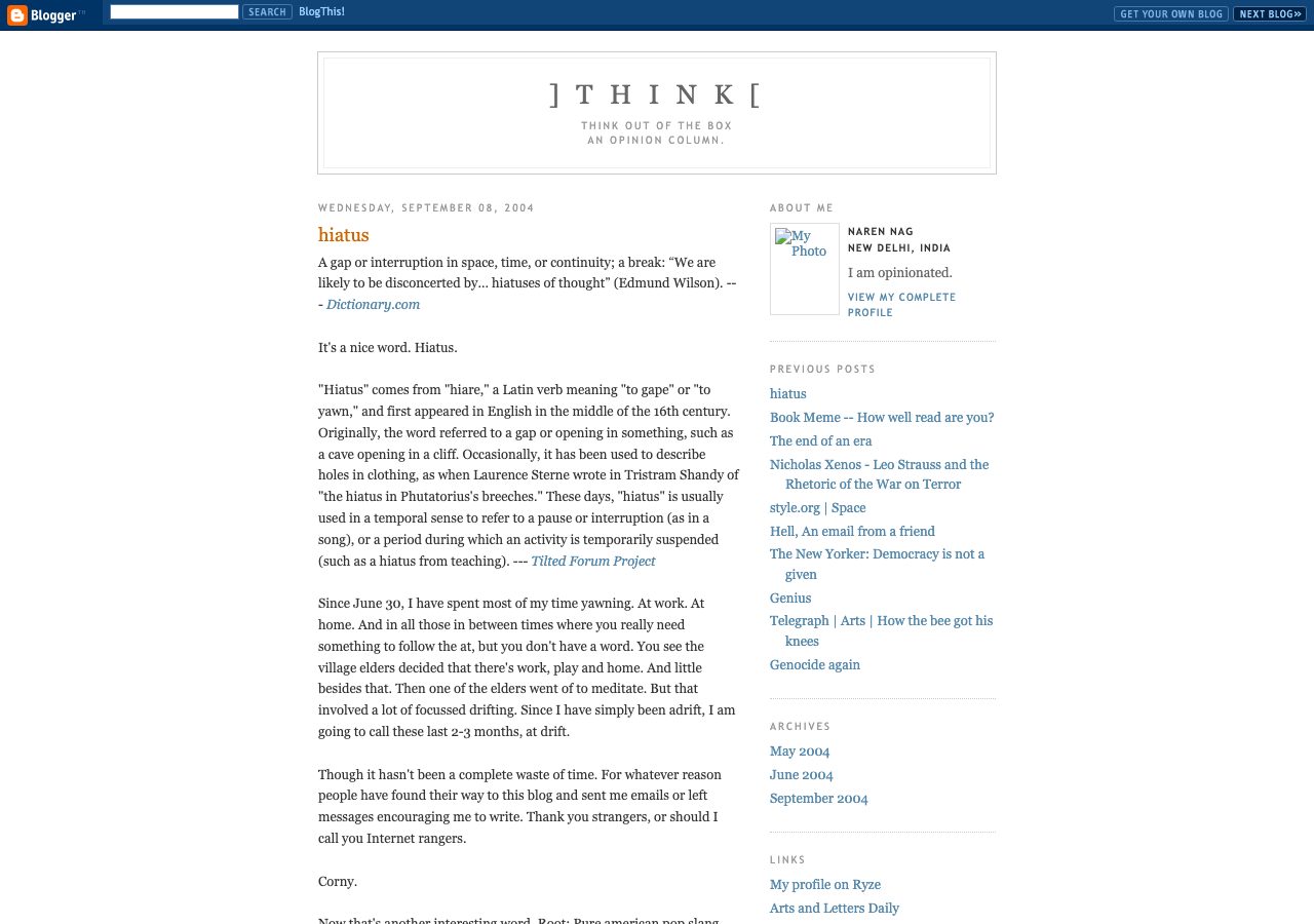 tootb.blogspot.com: Blogger's stock template, a centred column under the title ] t h i n k [