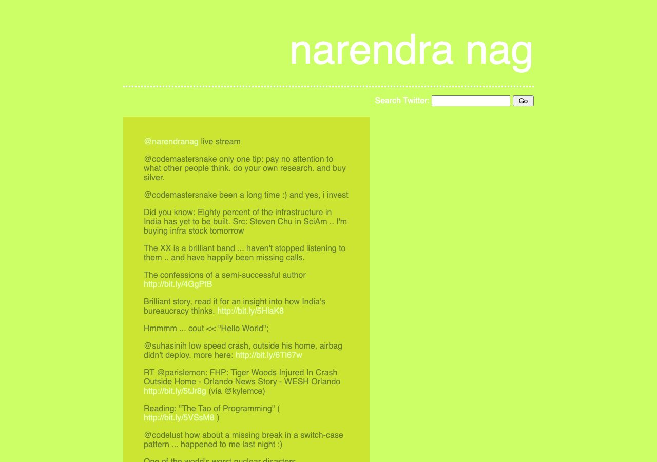 narendranag.com in 2009: a lime-green page showing a stream of short posts