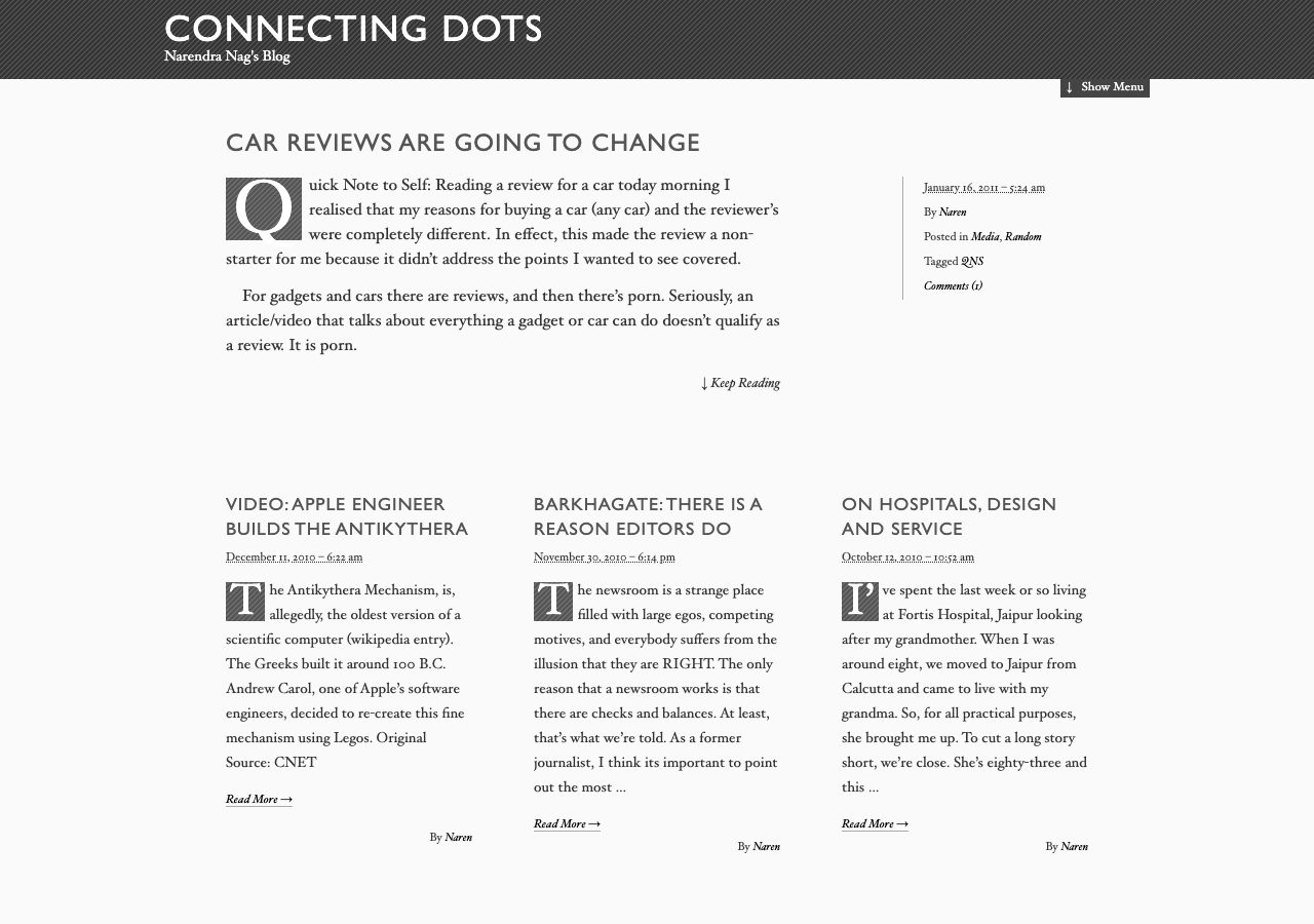 Connecting Dots in 2011: a dark masthead, a lead story with a drop cap, and three columns of posts below