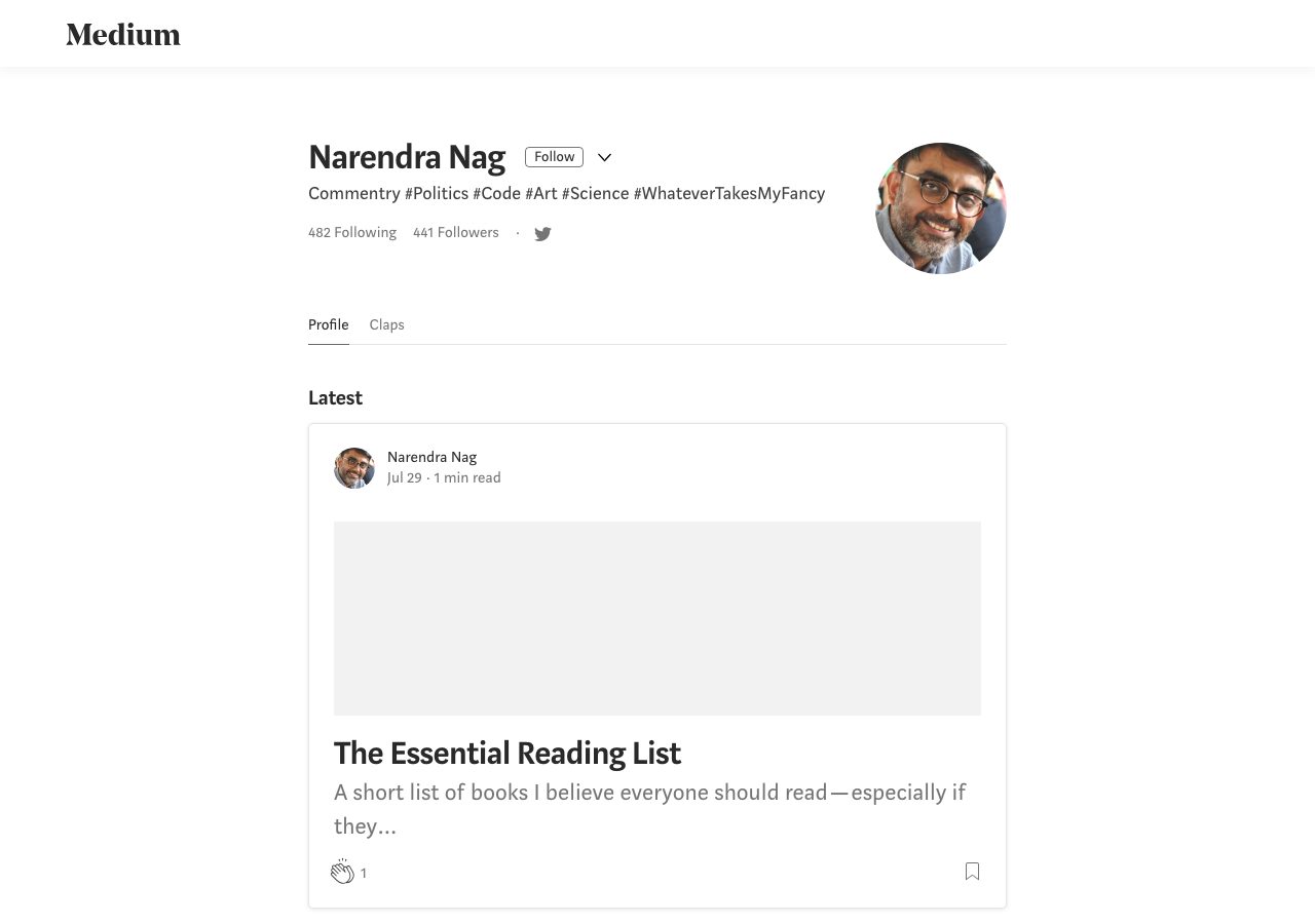 The Medium profile page for Narendra Nag in 2019