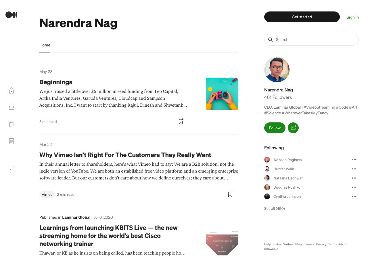 The same Medium profile in 2022, after Medium's redesign