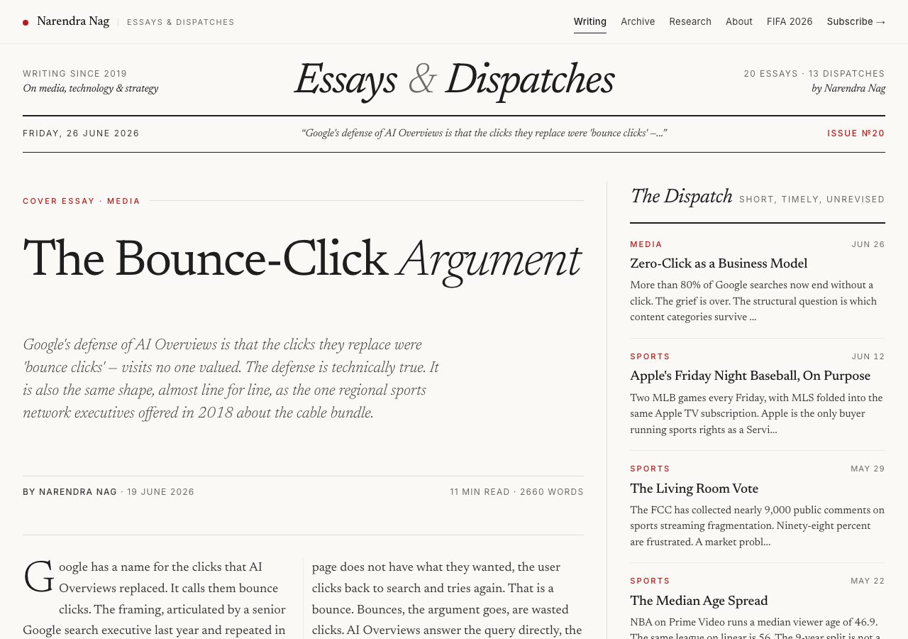 The narendranag.com homepage in June 2026, with the masthead reading Writing since 2019