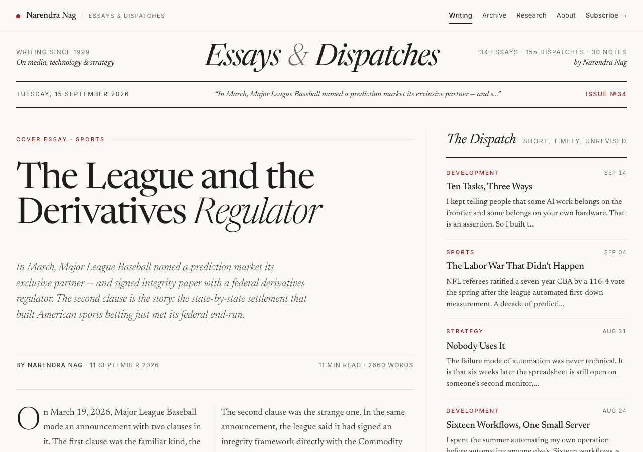 The narendranag.com homepage in September 2026, with the masthead reading Writing since 1999